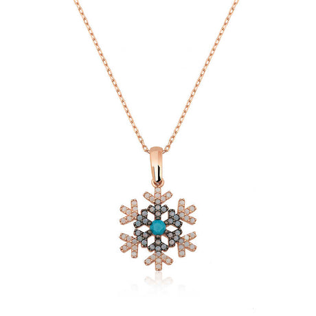 Rose Gold Plated Snowflake Necklace - Turquoise Zirconia Elegance