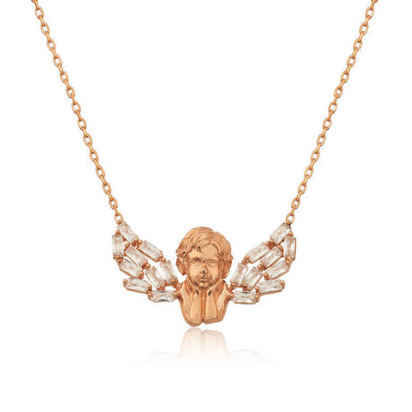 Necklace - Rose Gold Plated Angel Wing Cherub with Clear Crystals