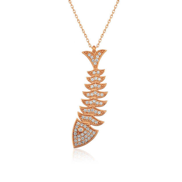 Rose Gold Plated Silver Necklace - Sparkling Fishbone Pendant