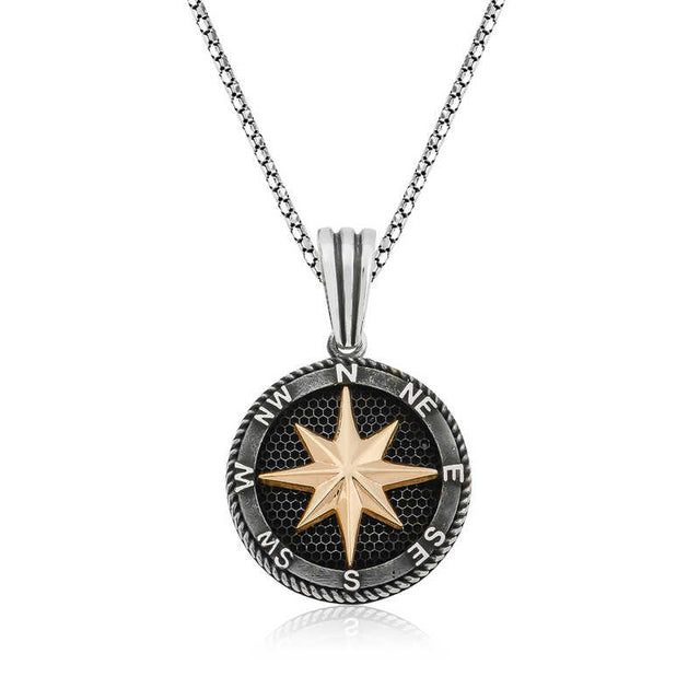 Necklace - Silver-Tone & Gold-Tone Compass Star Mariner Style