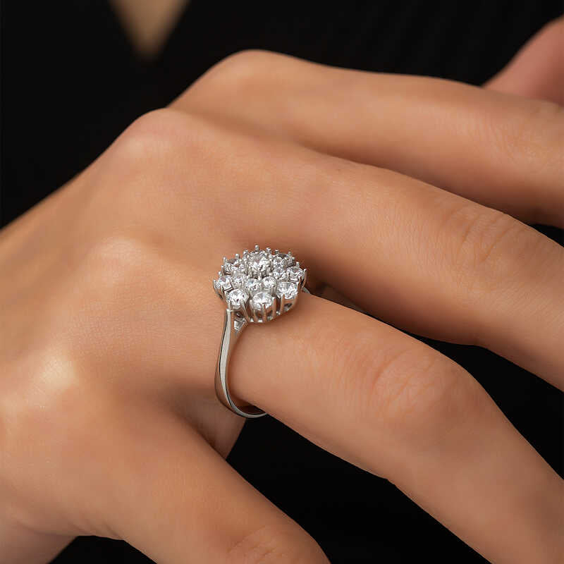 Sterling Silver Cluster Ring - Brilliant Zirconia Floral Statement