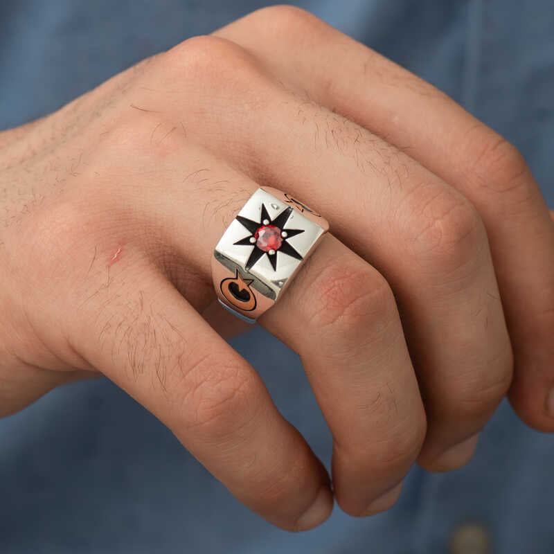 Premium Sterling Silver North Star Mens Signet Ring