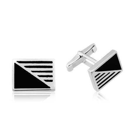 Cufflinks - Silver-Tone & Black Enamel Geometric Striped Design