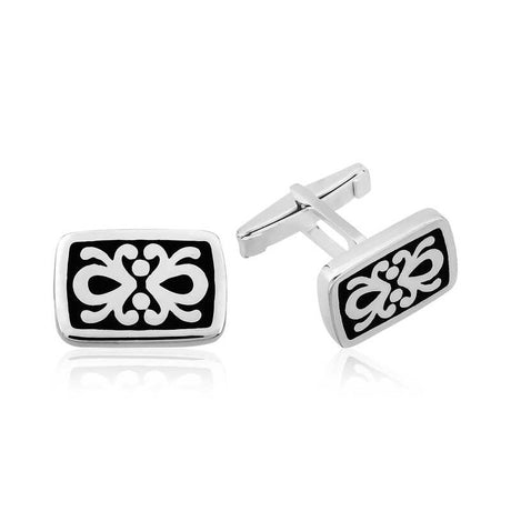 Cufflinks - Silver-Tone Black Enamel Ottoman Patterned