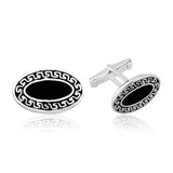Cufflinks - Silver-Tone Black Enamel Greek Key Oval