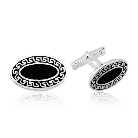 Cufflinks - Silver-Tone Black Enamel Greek Key Oval