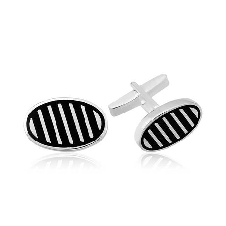 Cufflinks - Silver-Tone Modern Striped Oval Design