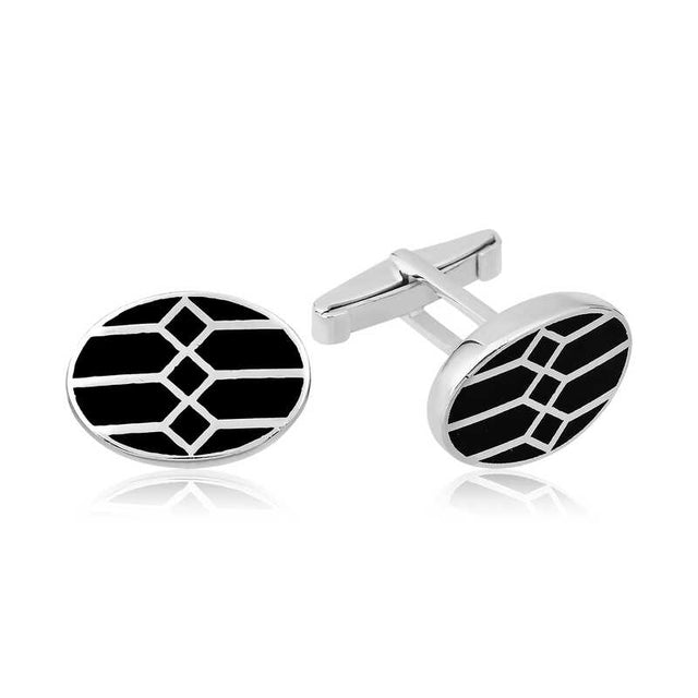 Cufflinks - Silver-Tone & Black Enamel Geometric Oval Design