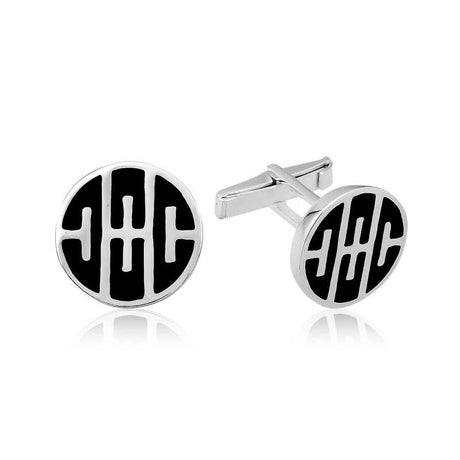 Cufflinks - Silver-Tone & Black Enamel Round Monogram Style