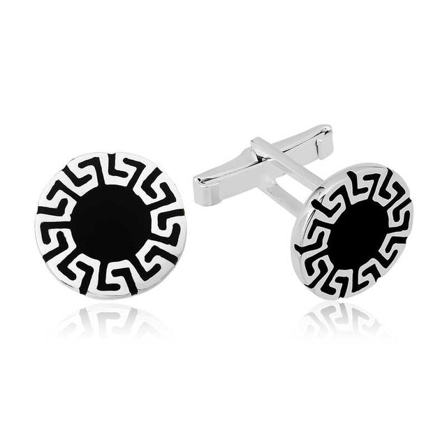Men's Cufflinks - Silver-Tone Black Enamel Vintage Greek Key Design