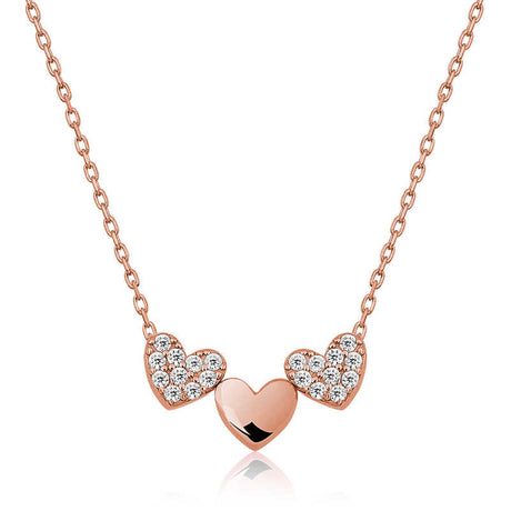 Necklace - Rose Gold Tone Triple Heart Pendant with Cubic Zirconia