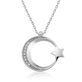 Sterling Silver Necklace - Sparkling Crescent Moon Star Pendant