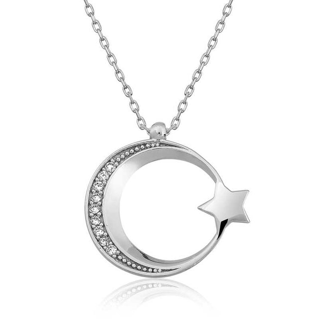 Sterling Silver Necklace - Sparkling Crescent Moon Star Pendant