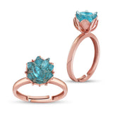 Adjustable Rose Gold Plated Sterling Silver Blue Crystal Lotus Ring