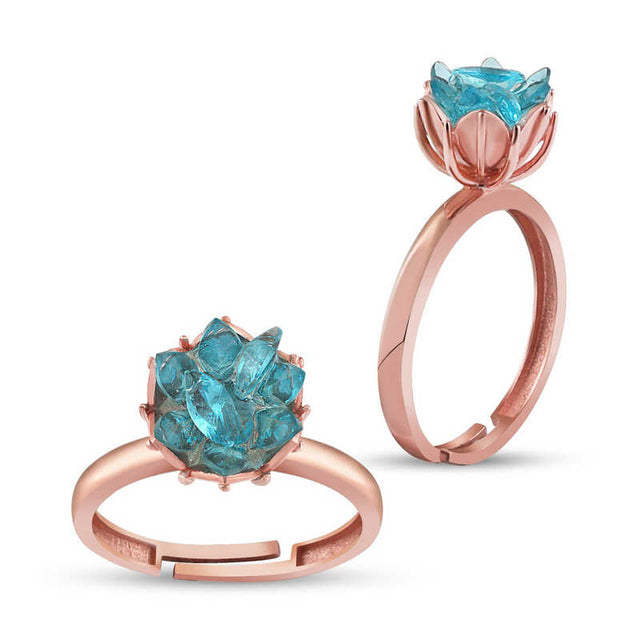 Adjustable Rose Gold Plated Sterling Silver Blue Crystal Lotus Ring