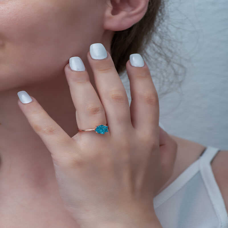 Adjustable Rose Gold Plated Sterling Silver Blue Crystal Lotus Ring