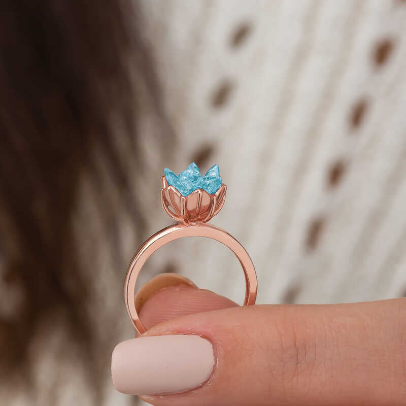 Adjustable Rose Gold Plated Sterling Silver Blue Crystal Lotus Ring
