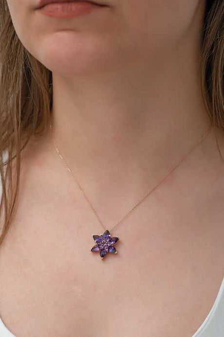 Rose Gold Plated Lotus Flower Necklace - Amethyst-Tone Crystal Pendant