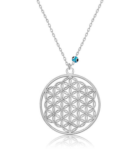 Sterling Silver Flower of Life Pendant Necklace with Evil Eye Charm