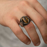 Premium Men's Sterling Silver Tiger Eye Engraved Ring