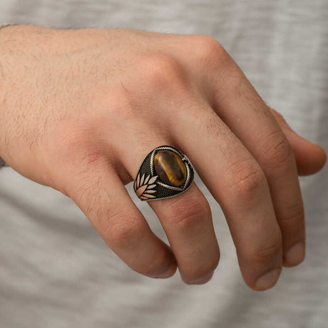 Premium Men's Sterling Silver Tiger Eye Engraved Ring