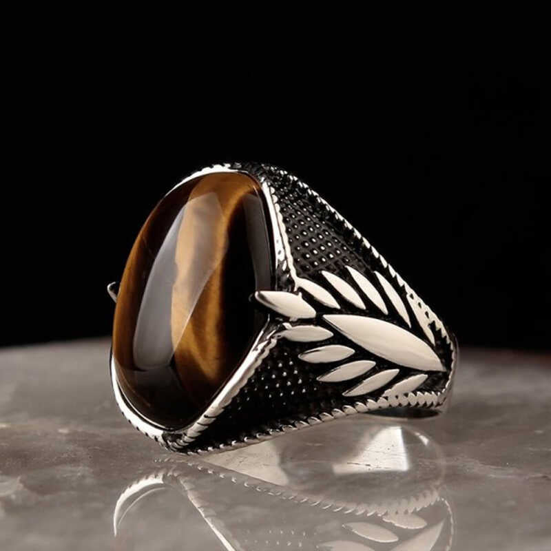 Premium Men's Sterling Silver Tiger Eye Engraved Ring