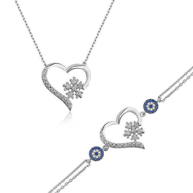 Jewelry Set - Sterling Silver Cubic Zirconia Heart Snowflake & Evil Eye