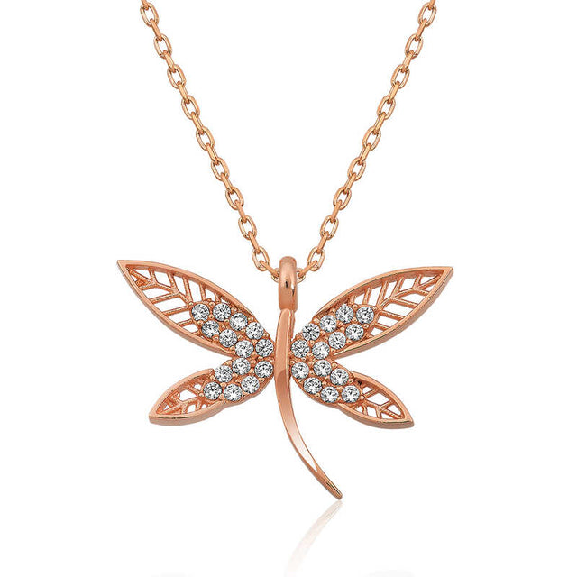 Rose Gold Plated Sterling Silver Dragonfly Necklace - Sparkling CZ