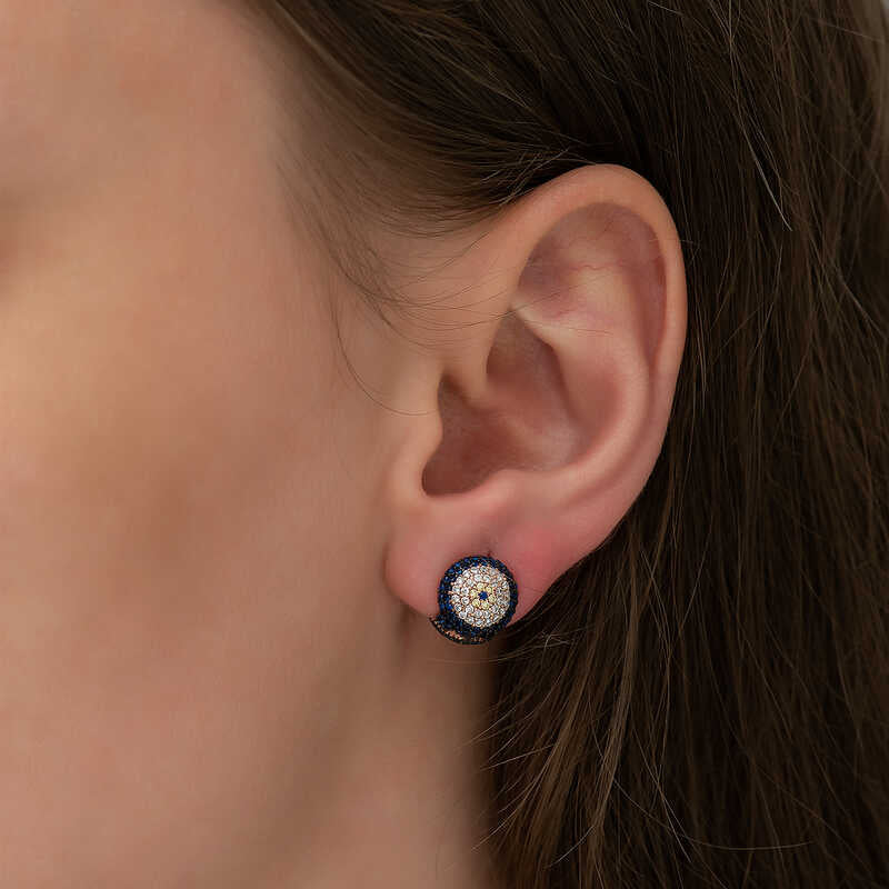 Boucles d'oreilles - Créoles pavées œil maléfique en zirconium ton or rose