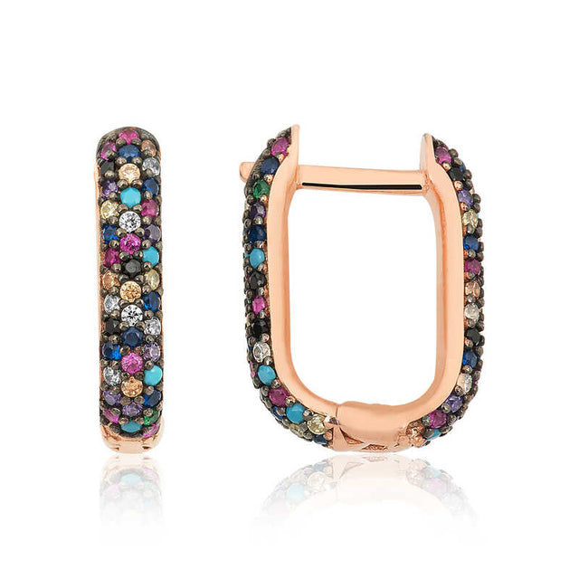 Rose Gold Plated Sterling Silver Multi-Color Pave Hoop Earrings