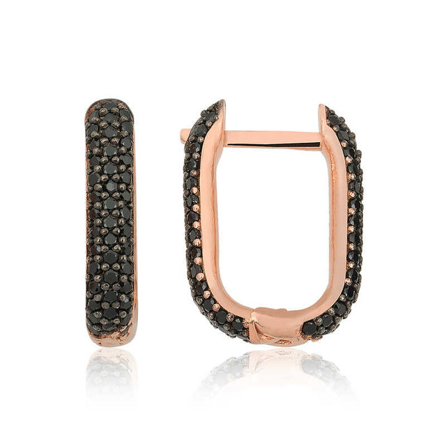 Rose Gold Tone Double-Sided Pave Black Zirconia Hoop Earrings