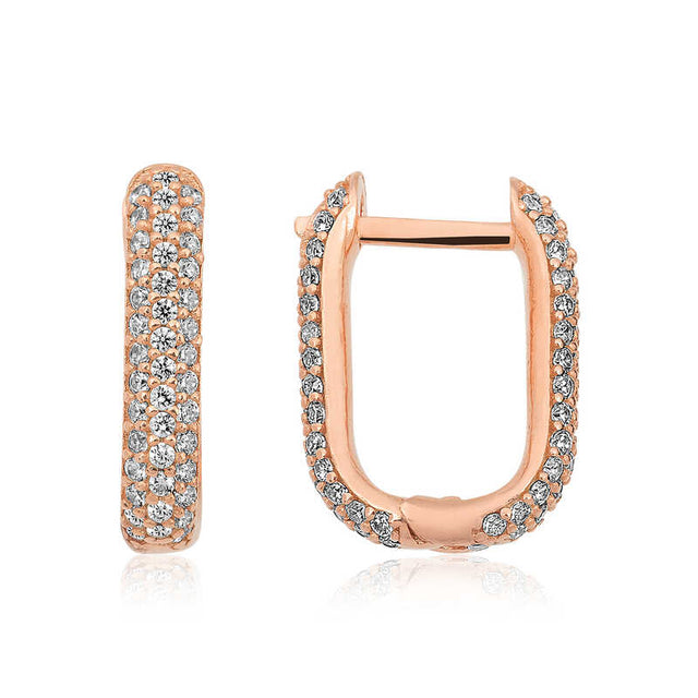Sterling Silver Rose Gold Plated Pave White Zircon Huggie Hoop Earrings