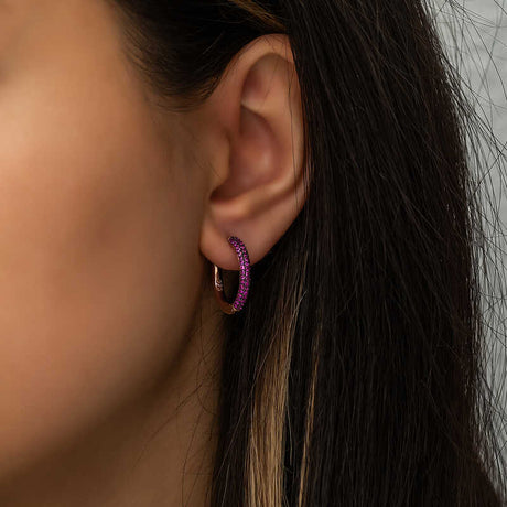 Hoop Earrings - Rose Gold Plated Sterling Silver Pave Magenta