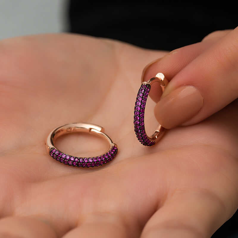 Hoop Earrings - Rose Gold Plated Sterling Silver Pave Magenta