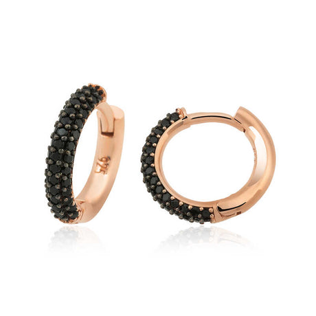 Pave Huggie Hoop Earrings - Rose Gold Plated Sterling Silver with Black Zirconia