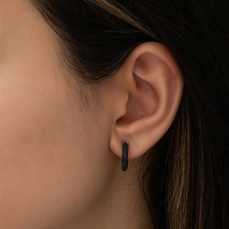 Pave Huggie Hoop Earrings - Rose Gold Plated Sterling Silver with Black Zirconia