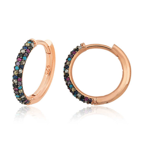 Rose Gold Plated Sterling Silver Multi-Color Zirconia Pave Hoop Earrings
