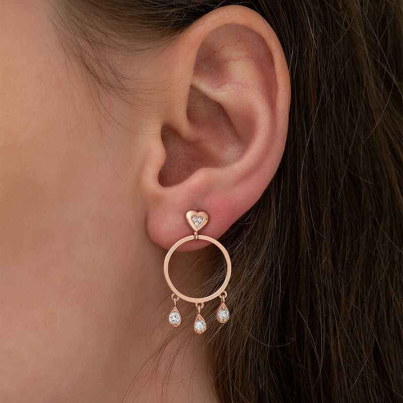 Boucles d'oreilles pendantes - Anneau cœur en argent sterling plaqué or rose