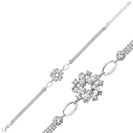 Sterling Silver Baguette & Round CZ Cluster Elegant Bracelet