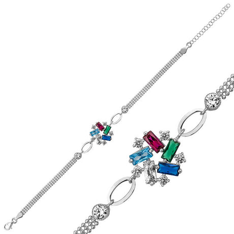 Sterling Silver - Colorful Baguette & CZ Cluster Bracelet