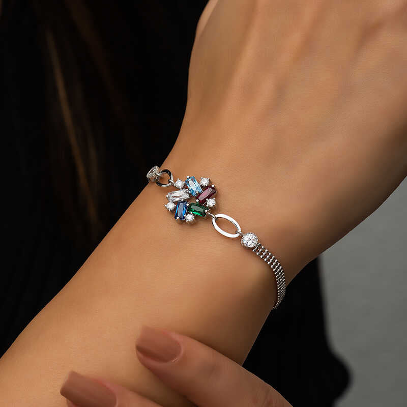 Sterling Silver - Colorful Baguette & CZ Cluster Bracelet