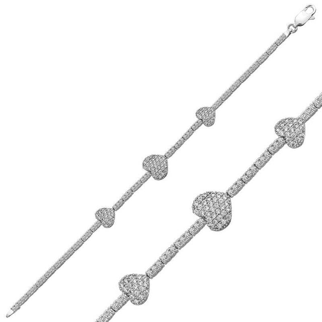 Sterling Silver - Pave Zirconia Three Heart Tennis Bracelet