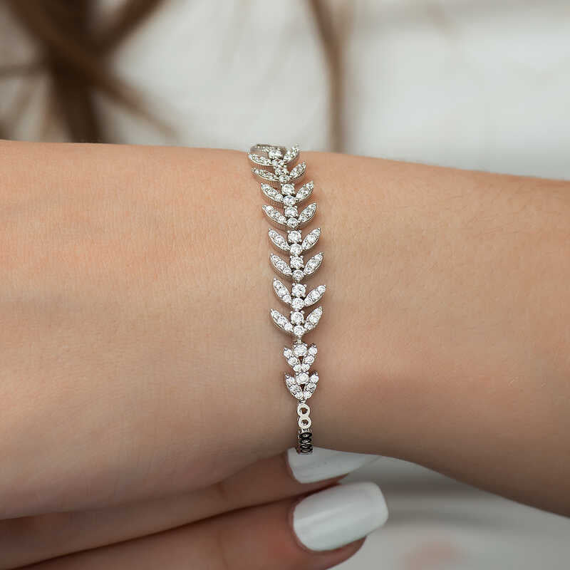 Bracelet - Elegant Silver-Tone Cubic Zirconia Leaf Design