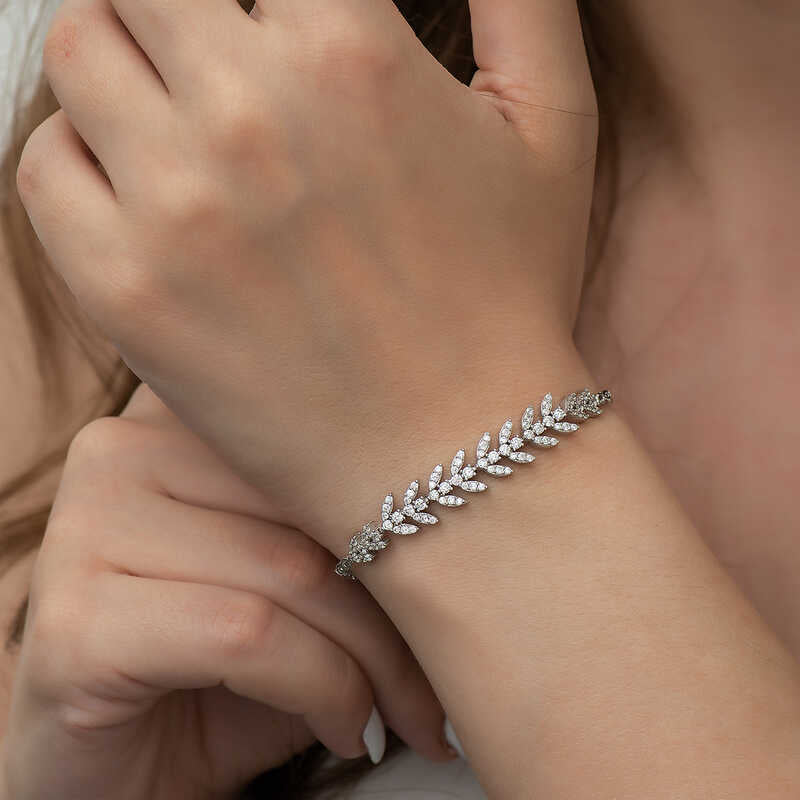 Bracelet - Elegant Silver-Tone Cubic Zirconia Leaf Design