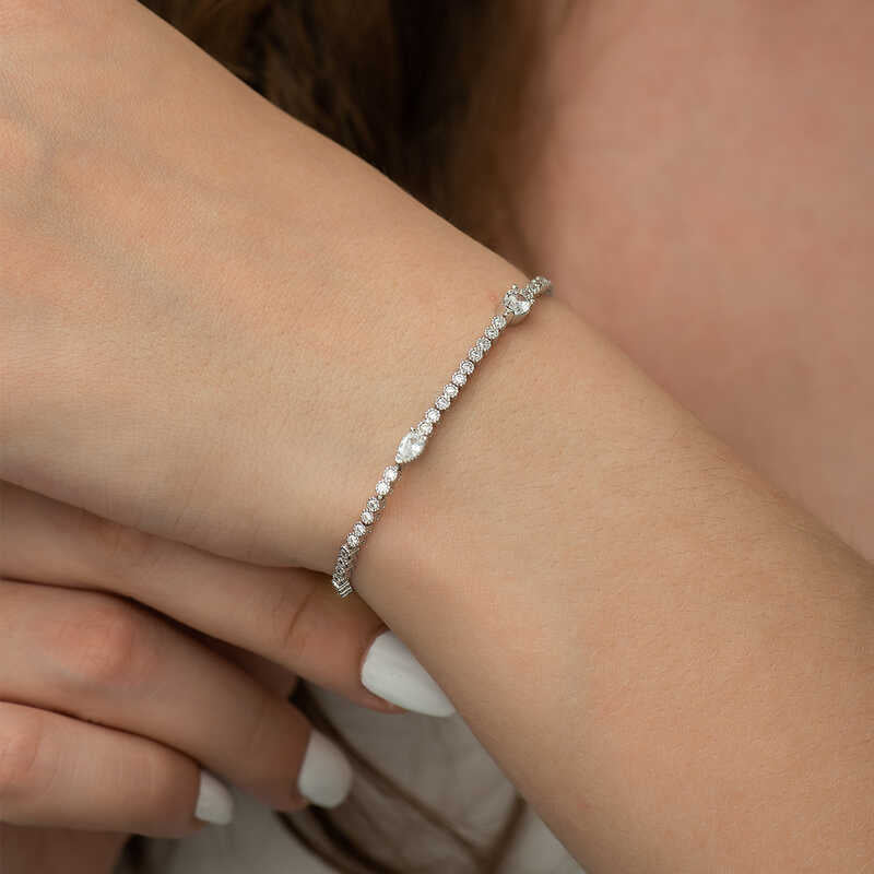 Silver-Tone Tennis Bracelet - Pear & Round Cut CZ Stones