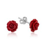 Sterling Silver Stud Earrings - Elegant Red Rose Design