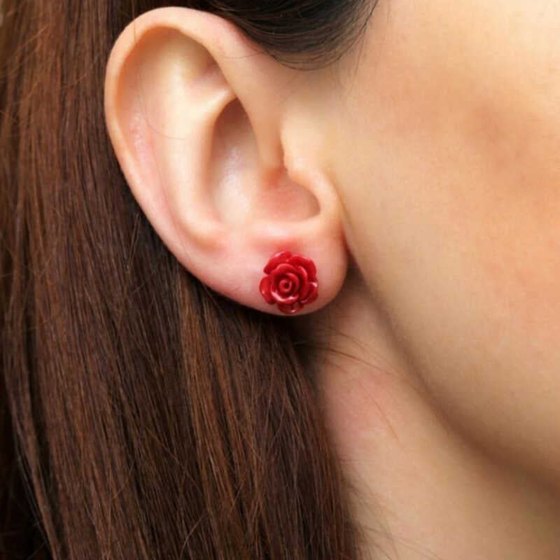 Sterling Silver Stud Earrings - Elegant Red Rose Design