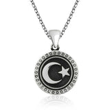Sterling Silver Oxidized Crescent Moon & Star Medallion Necklace