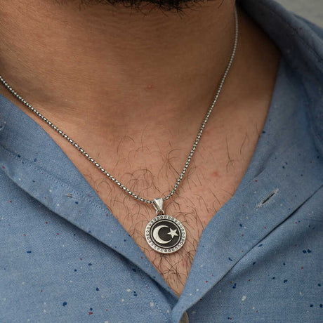 Sterling Silver Oxidized Crescent Moon & Star Medallion Necklace