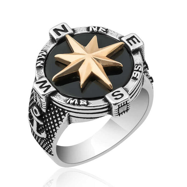 Artisan Crafted Men's Silver Compass Anchor Statement Ring